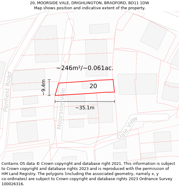 20, MOORSIDE VALE, DRIGHLINGTON, BRADFORD, BD11 1DW: Plot and title map