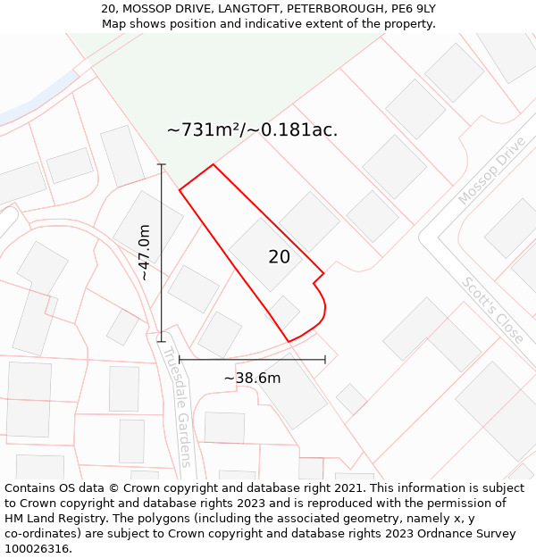 20, MOSSOP DRIVE, LANGTOFT, PETERBOROUGH, PE6 9LY: Plot and title map