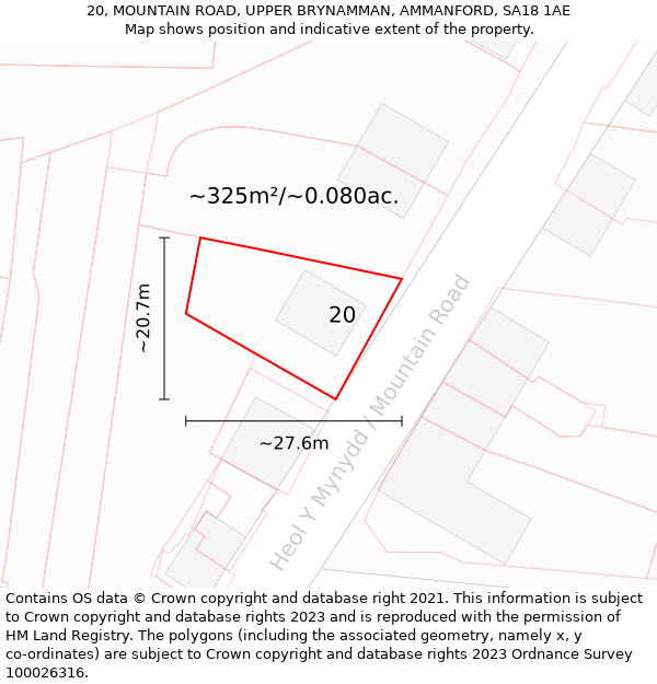 20, MOUNTAIN ROAD, UPPER BRYNAMMAN, AMMANFORD, SA18 1AE: Plot and title map