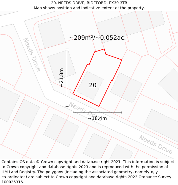 20, NEEDS DRIVE, BIDEFORD, EX39 3TB: Plot and title map