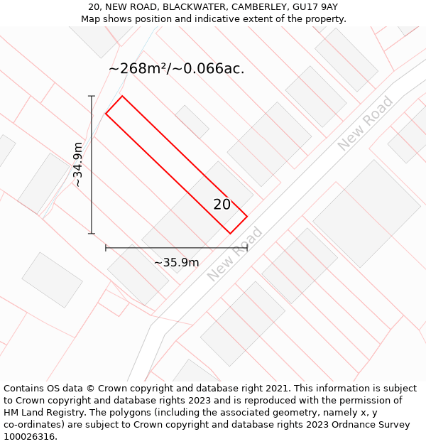 20, NEW ROAD, BLACKWATER, CAMBERLEY, GU17 9AY: Plot and title map