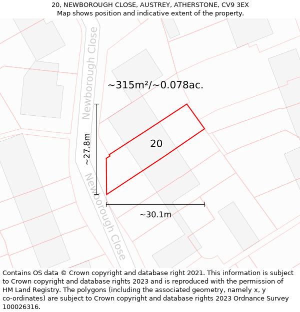 20, NEWBOROUGH CLOSE, AUSTREY, ATHERSTONE, CV9 3EX: Plot and title map