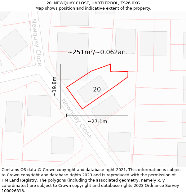 20, NEWQUAY CLOSE, HARTLEPOOL, TS26 0XG: Plot and title map