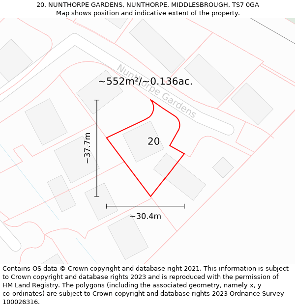 20, NUNTHORPE GARDENS, NUNTHORPE, MIDDLESBROUGH, TS7 0GA: Plot and title map