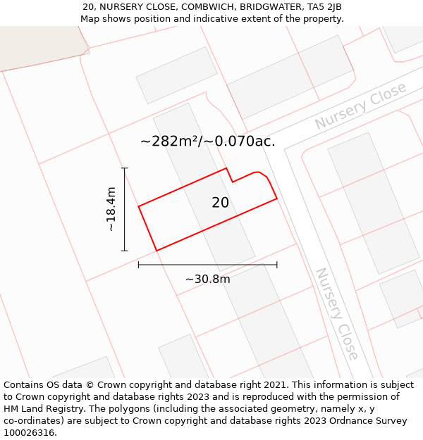 20, NURSERY CLOSE, COMBWICH, BRIDGWATER, TA5 2JB: Plot and title map