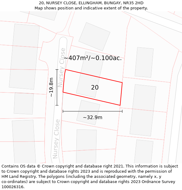 20, NURSEY CLOSE, ELLINGHAM, BUNGAY, NR35 2HD: Plot and title map