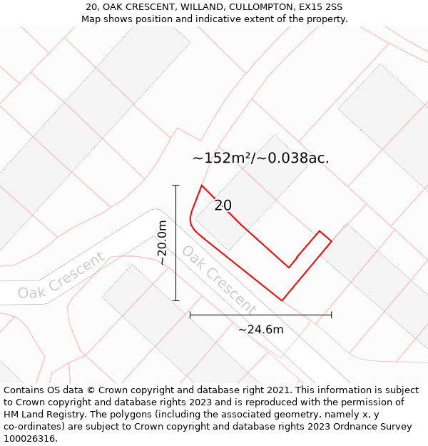 20, OAK CRESCENT, WILLAND, CULLOMPTON, EX15 2SS: Plot and title map