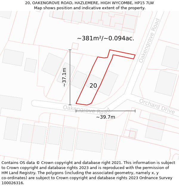 20, OAKENGROVE ROAD, HAZLEMERE, HIGH WYCOMBE, HP15 7LW: Plot and title map