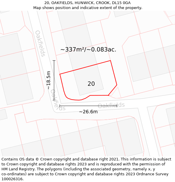 20, OAKFIELDS, HUNWICK, CROOK, DL15 0GA: Plot and title map