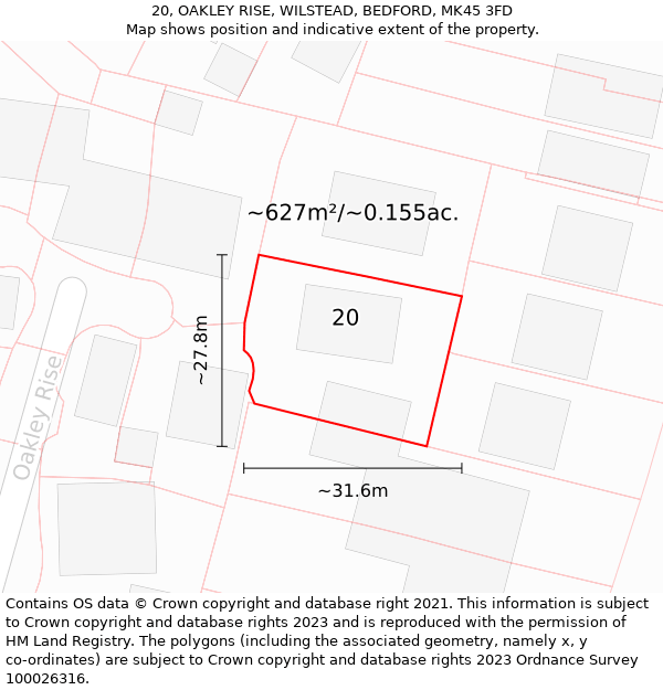 20, OAKLEY RISE, WILSTEAD, BEDFORD, MK45 3FD: Plot and title map