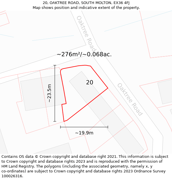 20, OAKTREE ROAD, SOUTH MOLTON, EX36 4FJ: Plot and title map