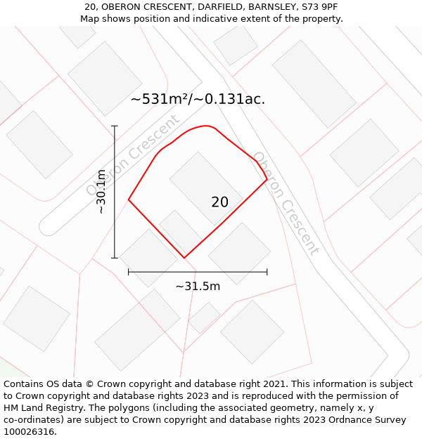 20, OBERON CRESCENT, DARFIELD, BARNSLEY, S73 9PF: Plot and title map