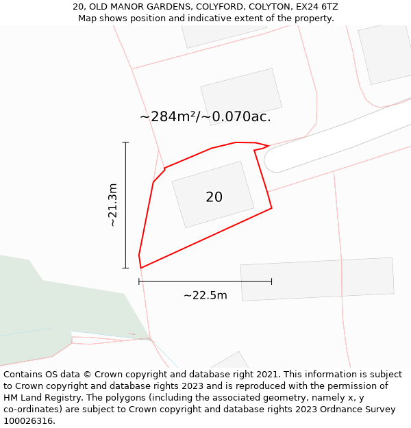 20, OLD MANOR GARDENS, COLYFORD, COLYTON, EX24 6TZ: Plot and title map