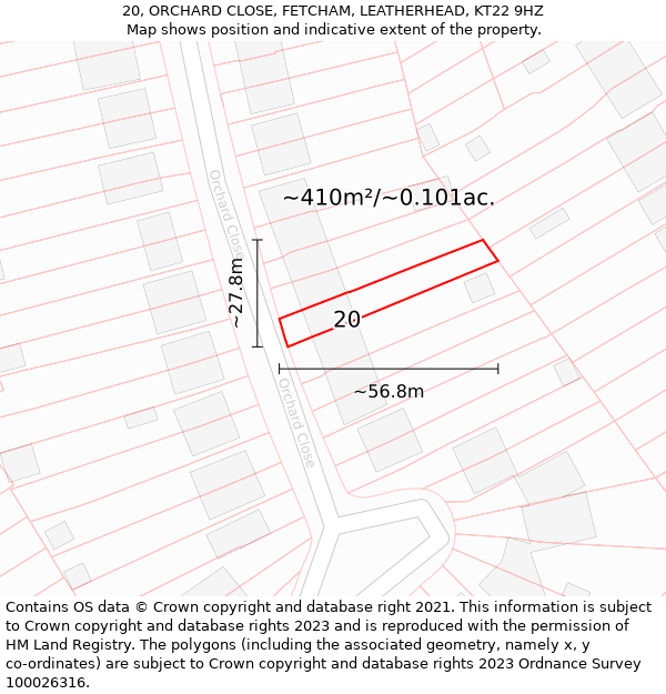 20, ORCHARD CLOSE, FETCHAM, LEATHERHEAD, KT22 9HZ: Plot and title map