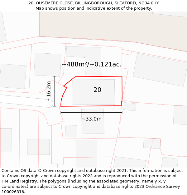 20, OUSEMERE CLOSE, BILLINGBOROUGH, SLEAFORD, NG34 0HY: Plot and title map