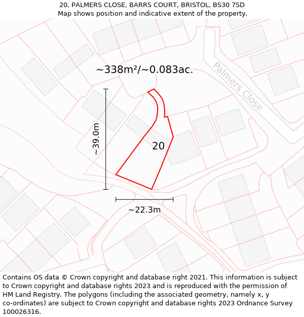 20, PALMERS CLOSE, BARRS COURT, BRISTOL, BS30 7SD: Plot and title map