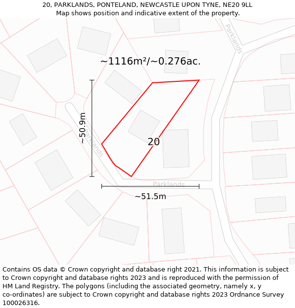 20, PARKLANDS, PONTELAND, NEWCASTLE UPON TYNE, NE20 9LL: Plot and title map