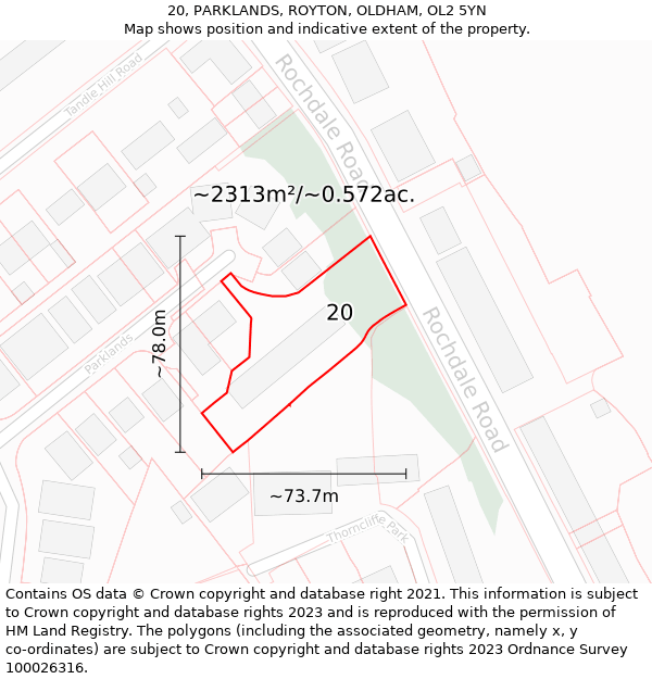 20, PARKLANDS, ROYTON, OLDHAM, OL2 5YN: Plot and title map