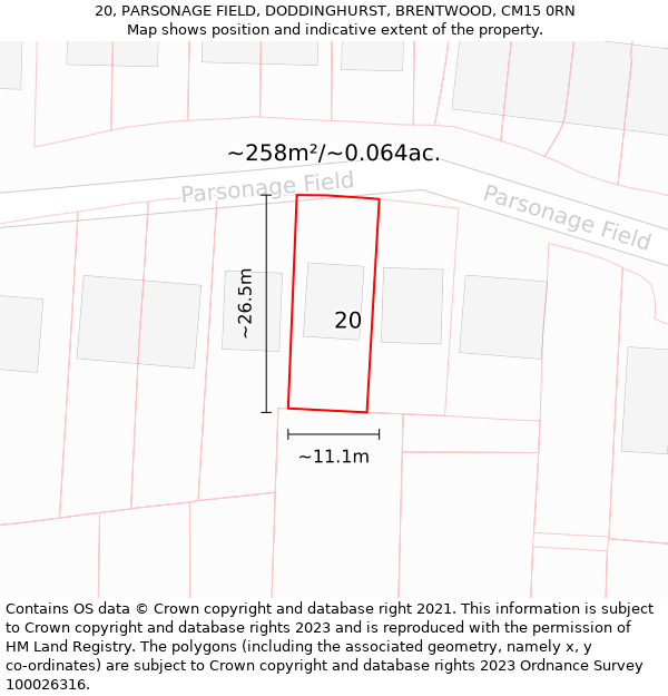 20, PARSONAGE FIELD, DODDINGHURST, BRENTWOOD, CM15 0RN: Plot and title map