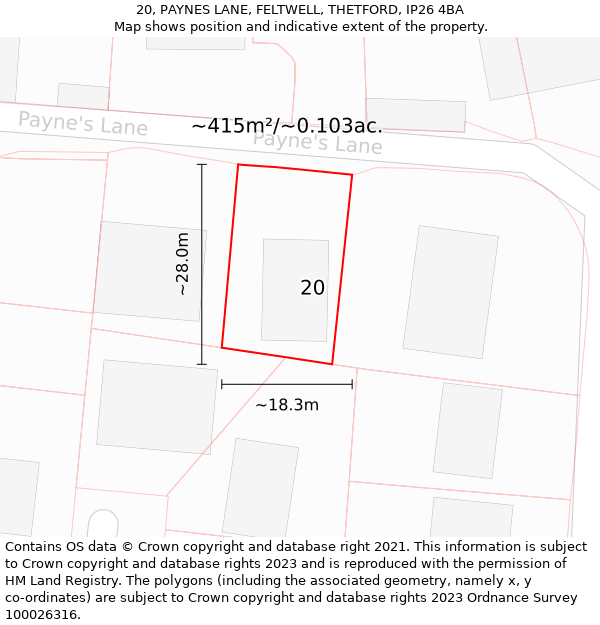 20, PAYNES LANE, FELTWELL, THETFORD, IP26 4BA: Plot and title map