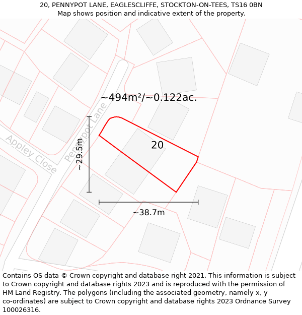 20, PENNYPOT LANE, EAGLESCLIFFE, STOCKTON-ON-TEES, TS16 0BN: Plot and title map