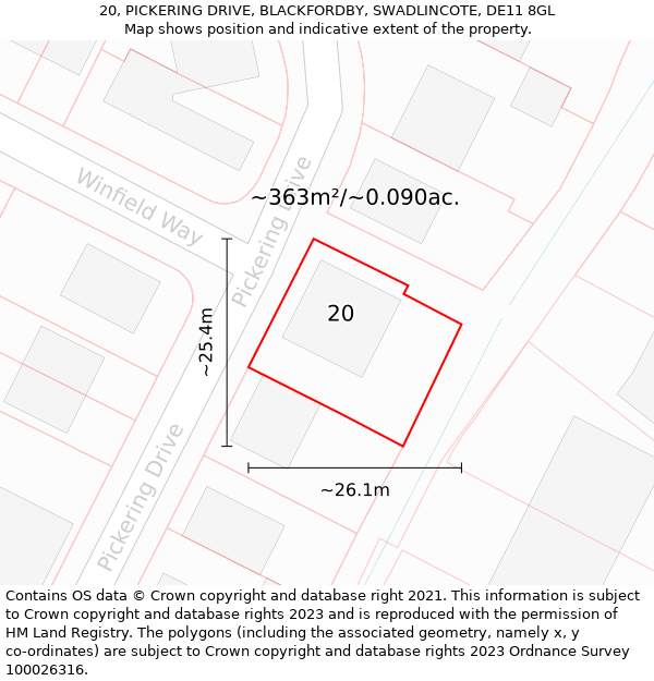 20, PICKERING DRIVE, BLACKFORDBY, SWADLINCOTE, DE11 8GL: Plot and title map