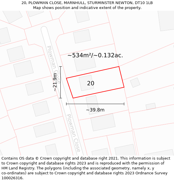 20, PLOWMAN CLOSE, MARNHULL, STURMINSTER NEWTON, DT10 1LB: Plot and title map