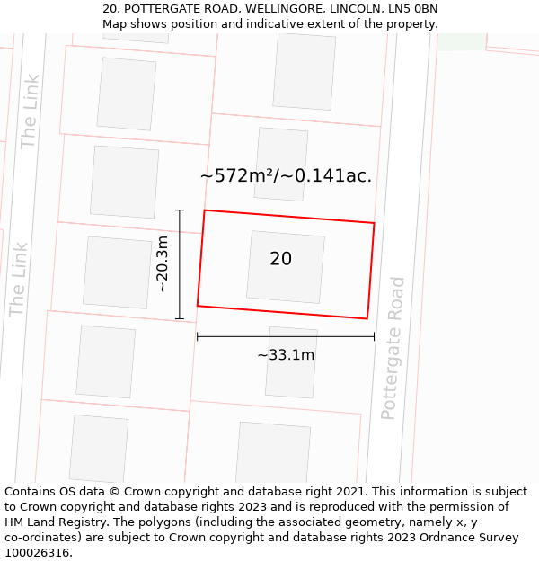 20, POTTERGATE ROAD, WELLINGORE, LINCOLN, LN5 0BN: Plot and title map