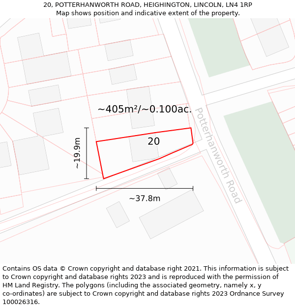 20, POTTERHANWORTH ROAD, HEIGHINGTON, LINCOLN, LN4 1RP: Plot and title map