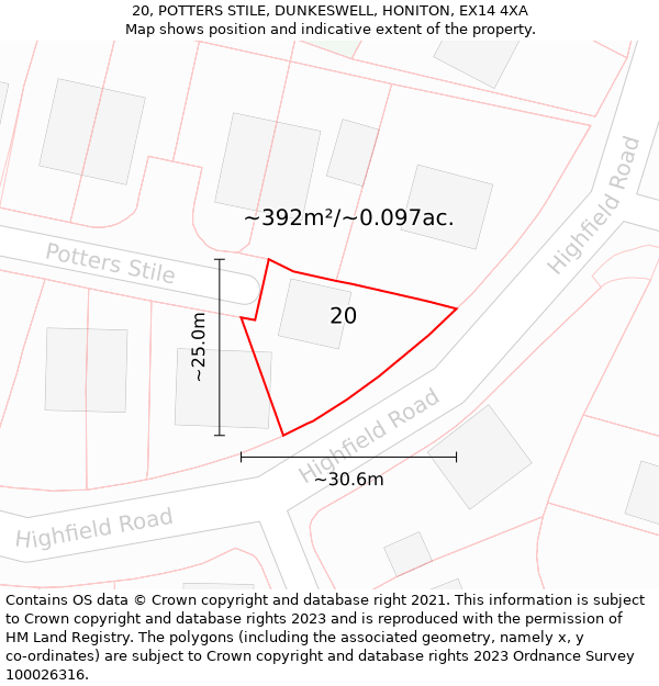 20, POTTERS STILE, DUNKESWELL, HONITON, EX14 4XA: Plot and title map