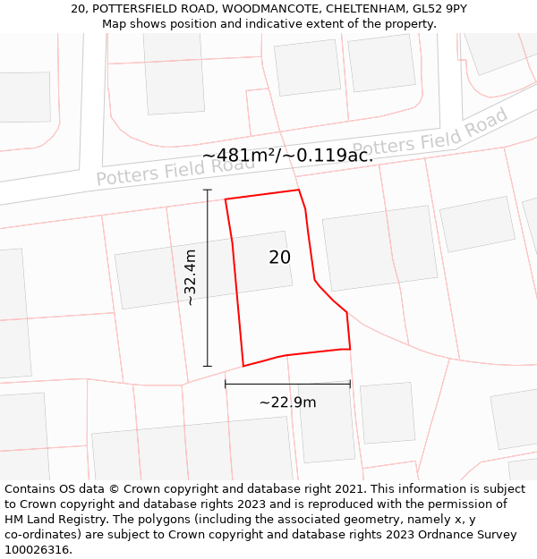 20, POTTERSFIELD ROAD, WOODMANCOTE, CHELTENHAM, GL52 9PY: Plot and title map