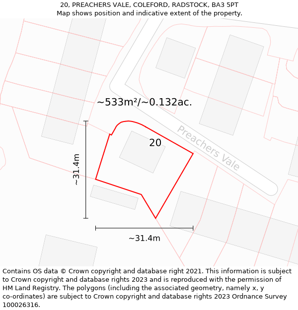 20, PREACHERS VALE, COLEFORD, RADSTOCK, BA3 5PT: Plot and title map