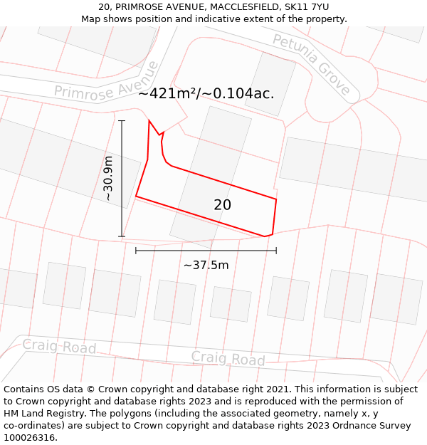 20, PRIMROSE AVENUE, MACCLESFIELD, SK11 7YU: Plot and title map