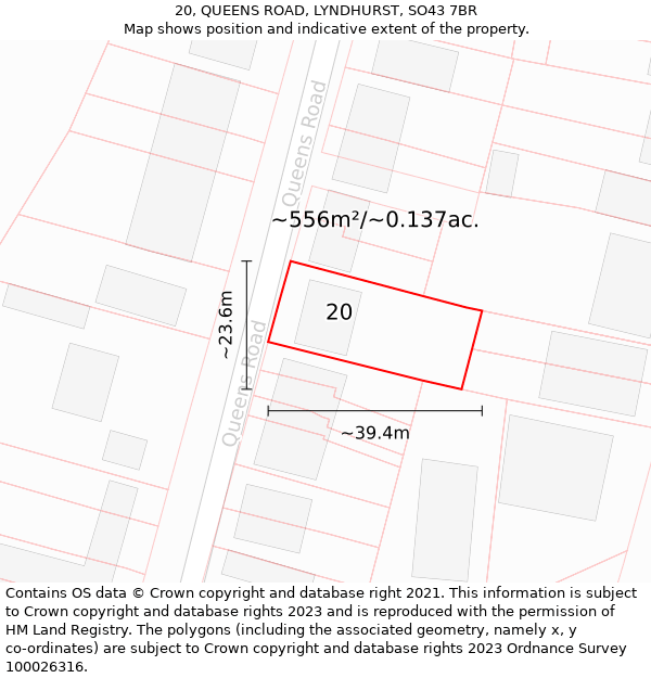 20, QUEENS ROAD, LYNDHURST, SO43 7BR: Plot and title map