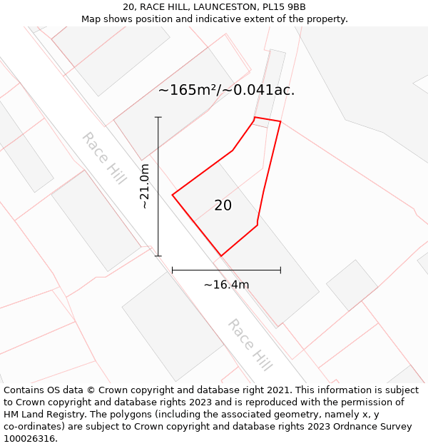 20, RACE HILL, LAUNCESTON, PL15 9BB: Plot and title map