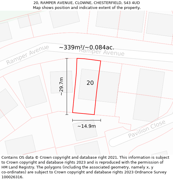 20, RAMPER AVENUE, CLOWNE, CHESTERFIELD, S43 4UD: Plot and title map