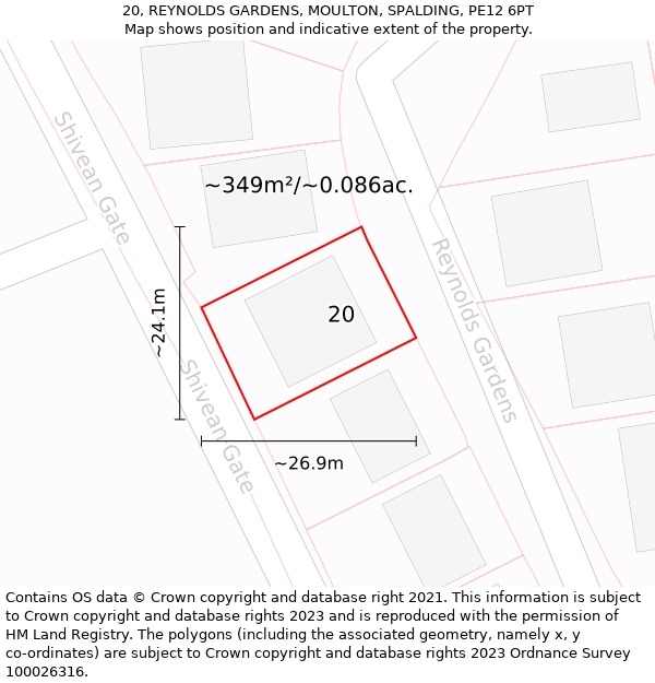 20, REYNOLDS GARDENS, MOULTON, SPALDING, PE12 6PT: Plot and title map