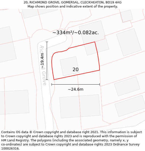 20, RICHMOND GROVE, GOMERSAL, CLECKHEATON, BD19 4AG: Plot and title map