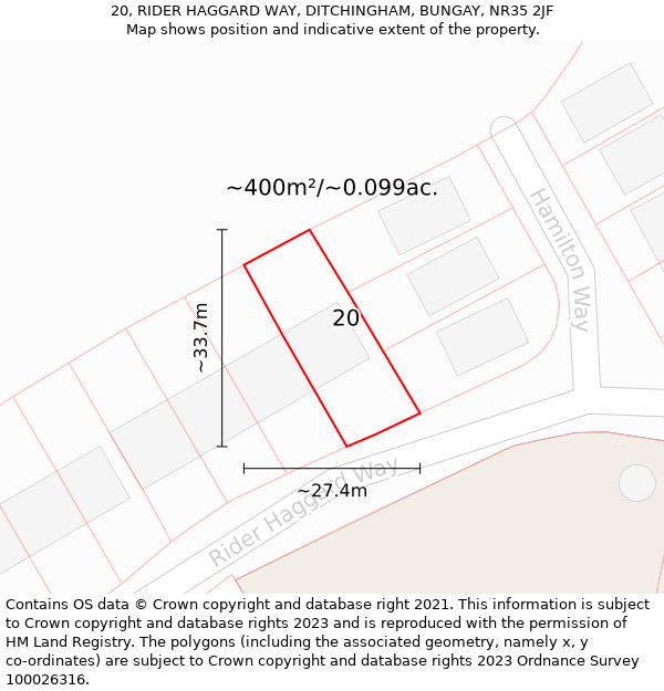 20, RIDER HAGGARD WAY, DITCHINGHAM, BUNGAY, NR35 2JF: Plot and title map