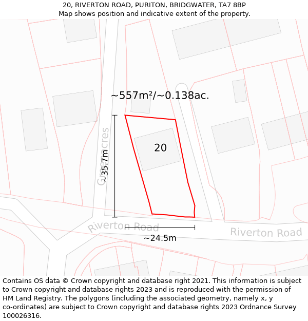 20, RIVERTON ROAD, PURITON, BRIDGWATER, TA7 8BP: Plot and title map