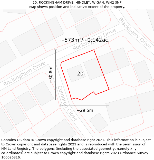 20, ROCKINGHAM DRIVE, HINDLEY, WIGAN, WN2 3NF: Plot and title map