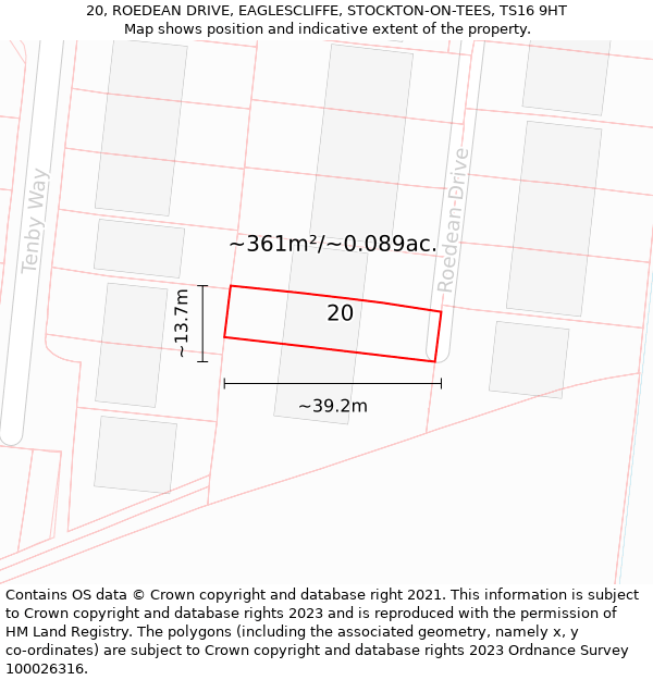 20, ROEDEAN DRIVE, EAGLESCLIFFE, STOCKTON-ON-TEES, TS16 9HT: Plot and title map