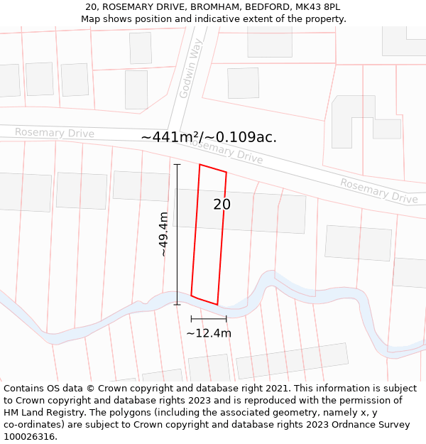 20, ROSEMARY DRIVE, BROMHAM, BEDFORD, MK43 8PL: Plot and title map