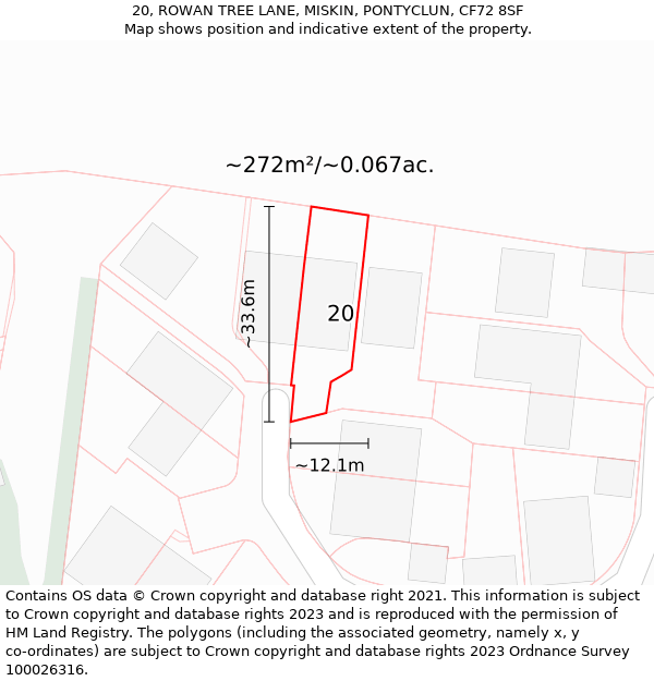 20, ROWAN TREE LANE, MISKIN, PONTYCLUN, CF72 8SF: Plot and title map