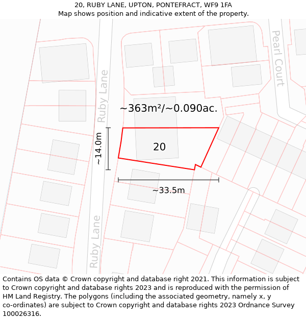 20, RUBY LANE, UPTON, PONTEFRACT, WF9 1FA: Plot and title map