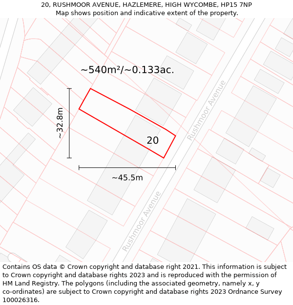 20, RUSHMOOR AVENUE, HAZLEMERE, HIGH WYCOMBE, HP15 7NP: Plot and title map