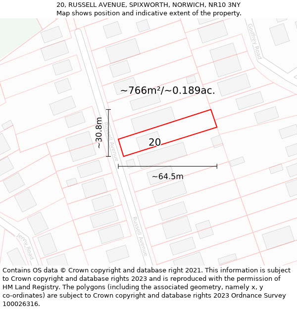 20, RUSSELL AVENUE, SPIXWORTH, NORWICH, NR10 3NY: Plot and title map