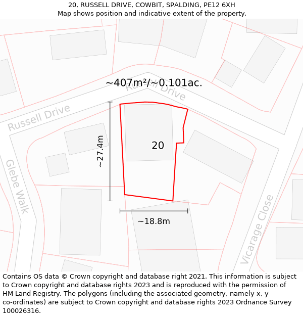 20, RUSSELL DRIVE, COWBIT, SPALDING, PE12 6XH: Plot and title map