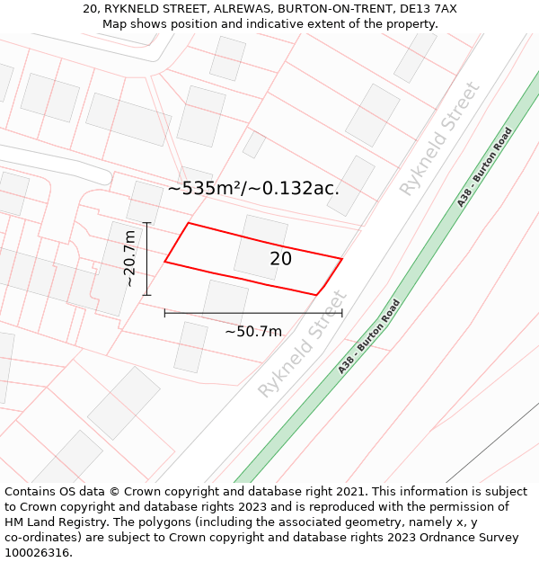 20, RYKNELD STREET, ALREWAS, BURTON-ON-TRENT, DE13 7AX: Plot and title map