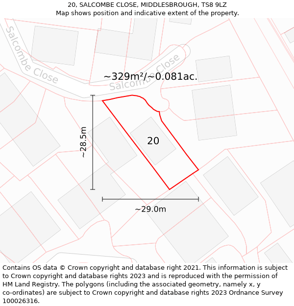 20, SALCOMBE CLOSE, MIDDLESBROUGH, TS8 9LZ: Plot and title map